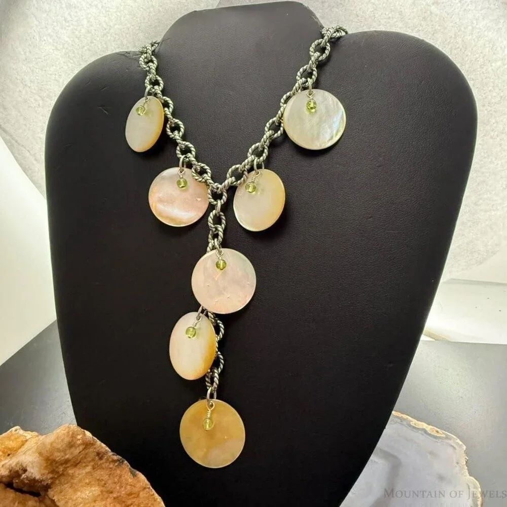 Carolyn Pollack Sterling Silver MOP Disc,Peridot Twisted Link Chain 20
